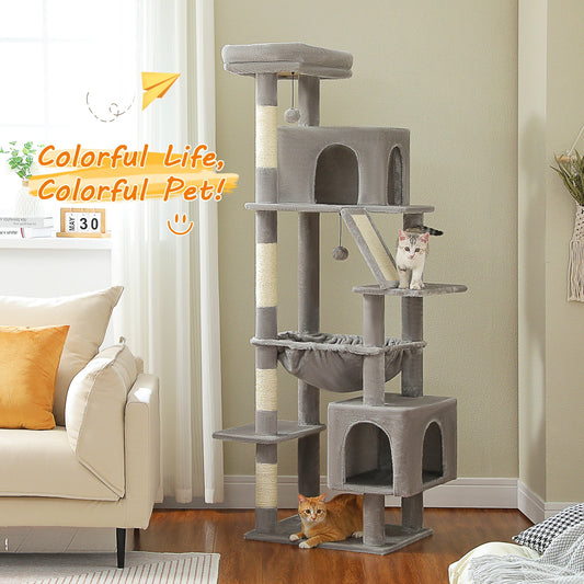 Tall Multi-Level Cat Tower for Large Cats with 2 Condos & Bed - front view
