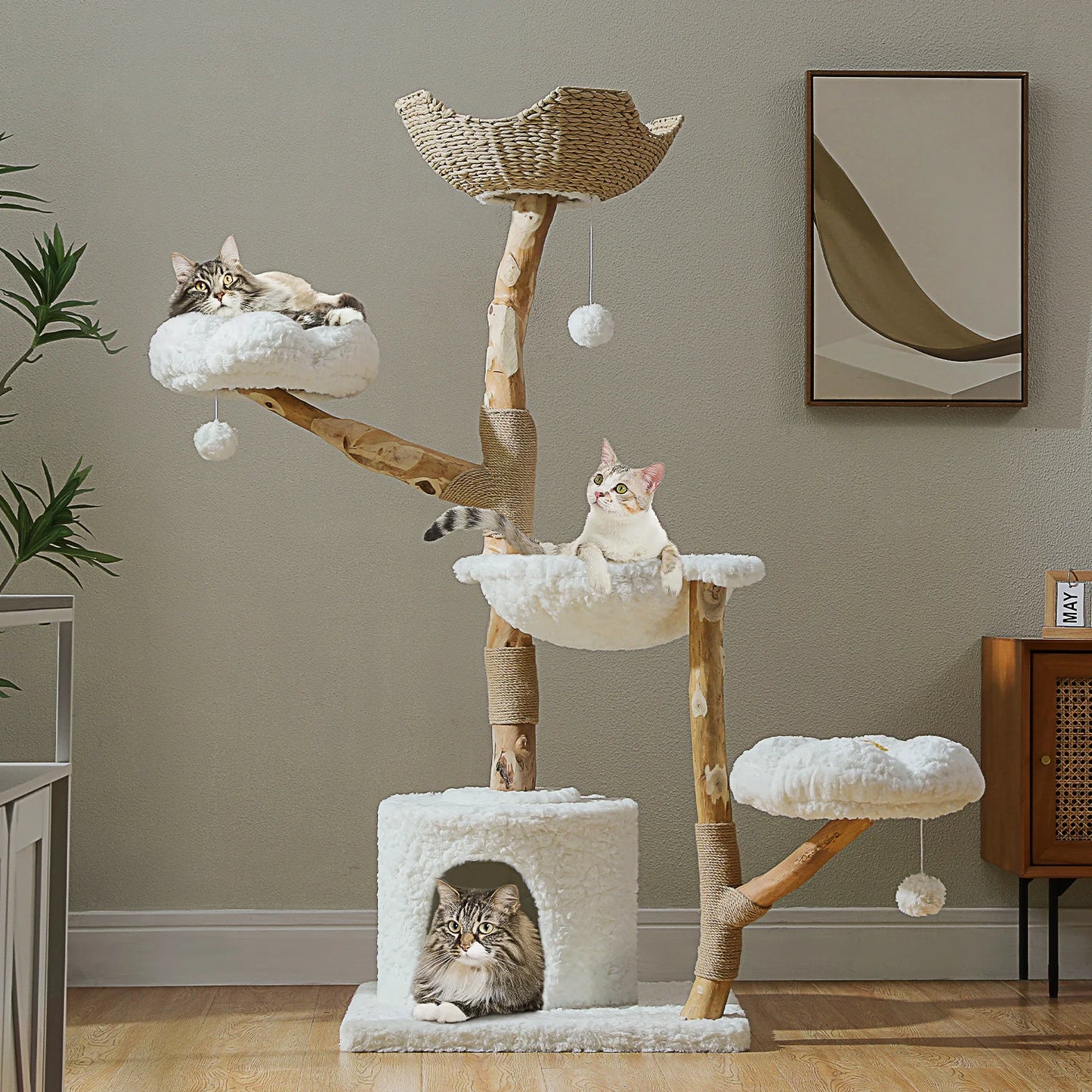 Large Modern Cat Tree Tower with Sisal Posts & Wicker Basket Bed
