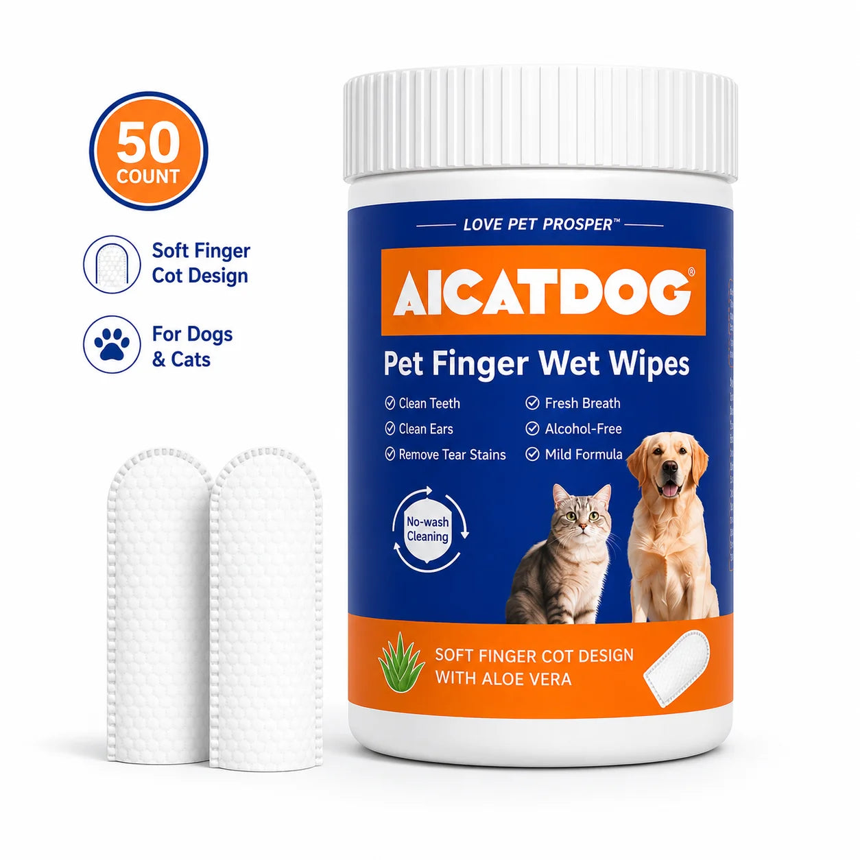 Pet Finger Wipes for Dogs & Cats, 50 Count Dog Dental Wipes & Cat Ear Wipes, Soft Finger Cot Pet Cleaning Wipes for Teeth, Ears & Tear Stains, Alcohol-Free Aloe Vera Grooming Wipes