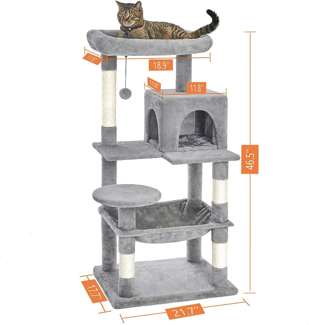 46.5" Multi-Level Cat Tree with Sisal Posts, Plush Perches, Hammock & Condo, Light Gray