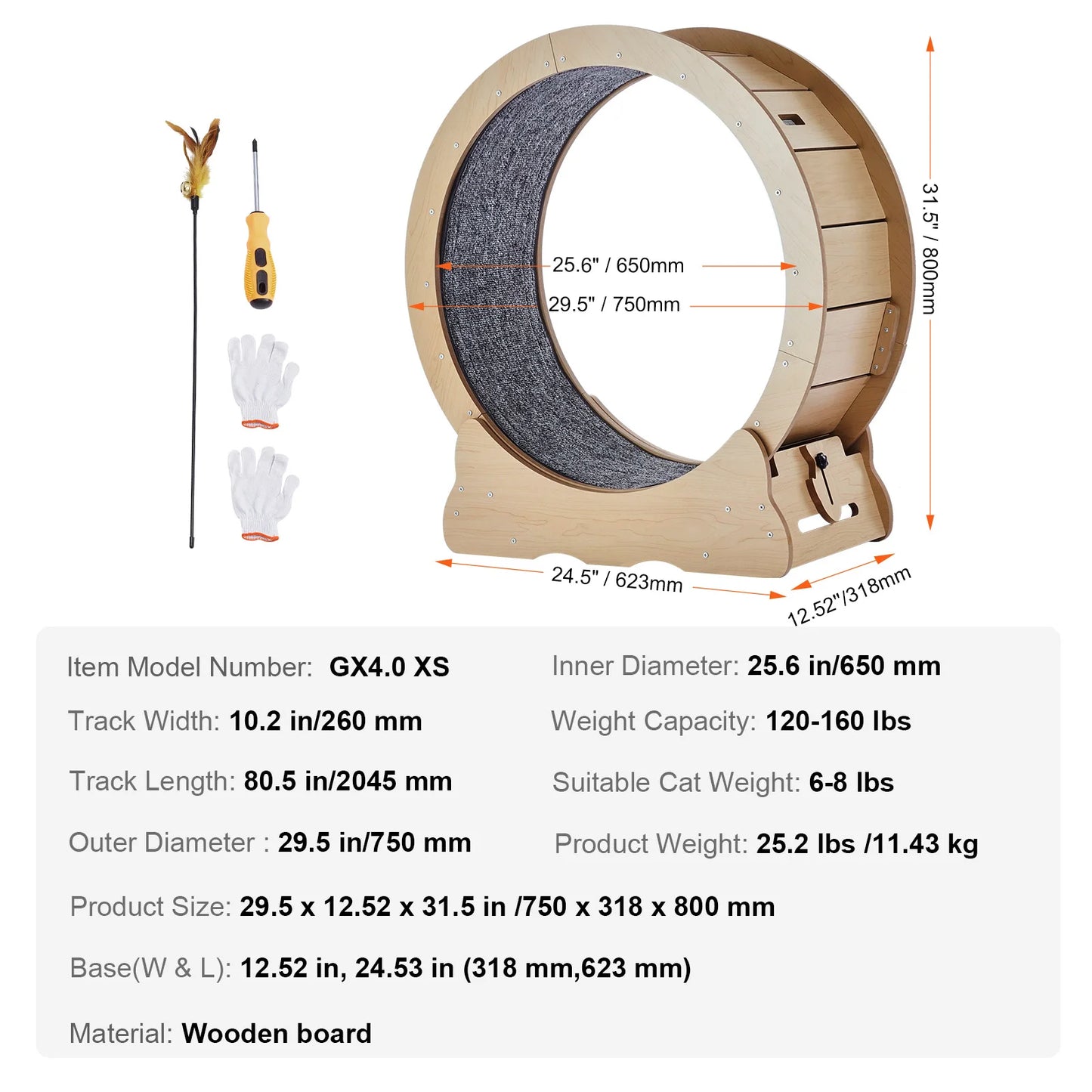 Large Wooden Cat Exercise Wheel with Detachable Carpet & Teaser
