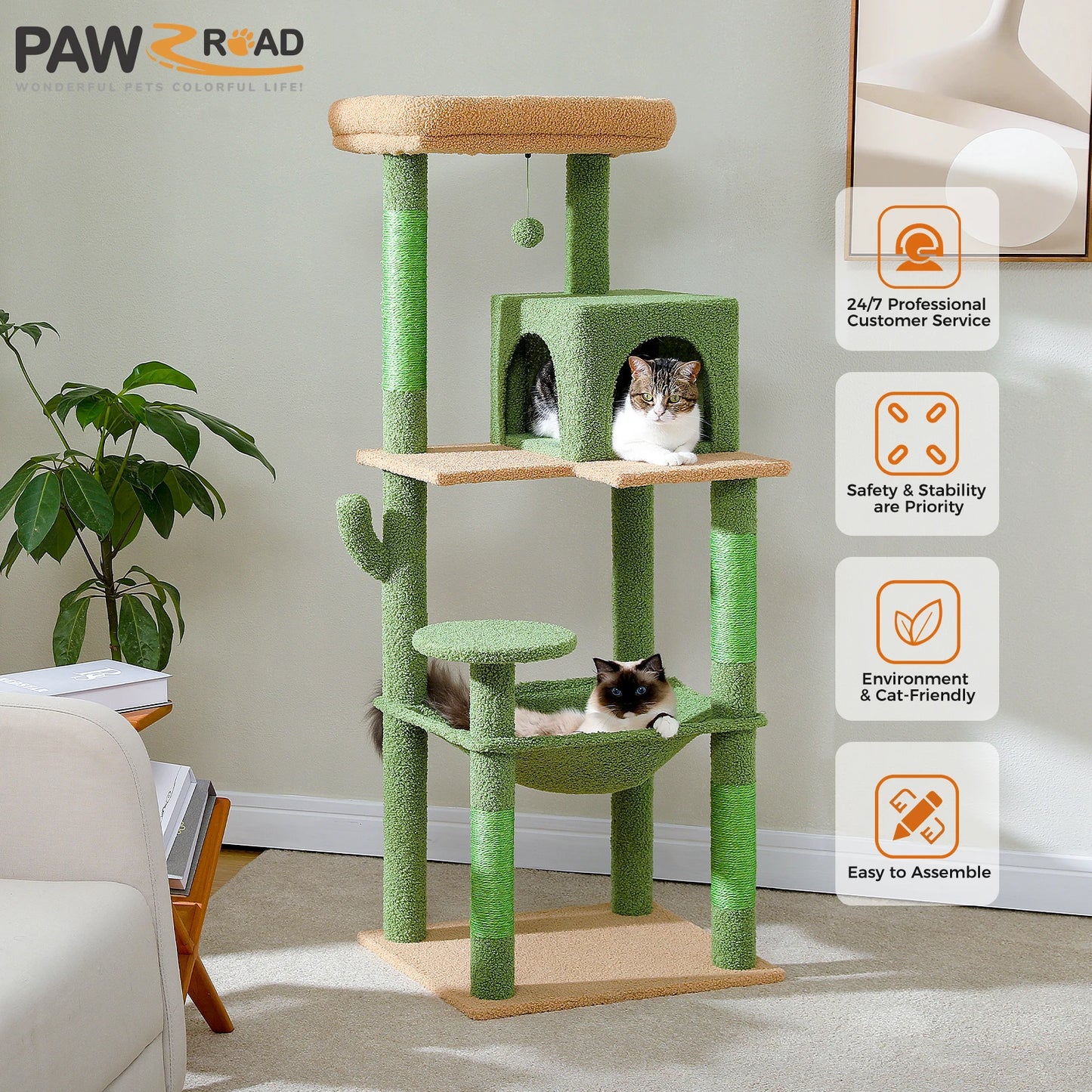 Cactus Cat Tree Tower with Plush Hammock & 2-Door Condo - front view