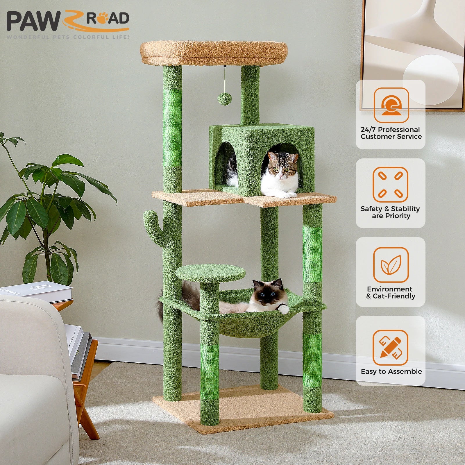 Cactus Cat Tree Tower with Plush Hammock & 2-Door Condo - front view