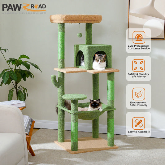 Cactus Cat Tree Tower with Plush Hammock & 2-Door Condo - front view
