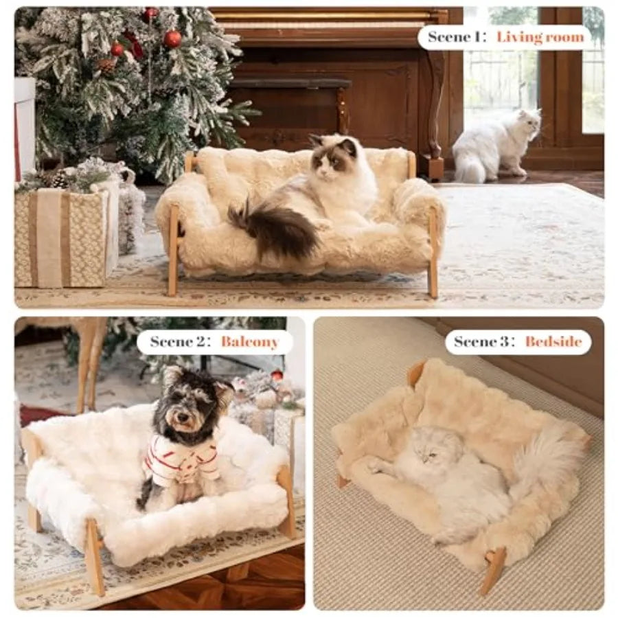 Elevated Cat Couch Bed for Indoor Cats, Wooden Cat Sofa with Removable Washable Fluffy Cover Raised Kitty Lounge Chair Suitable