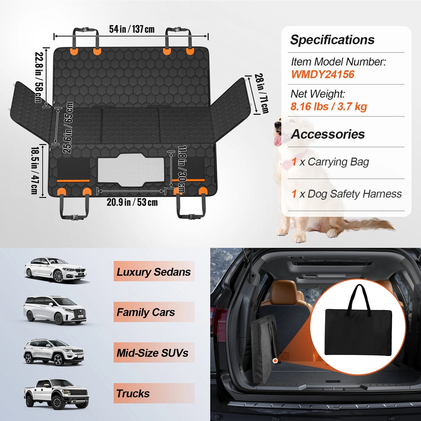 Dog Car Seat Cover Hammock with Mesh Window & Pocket