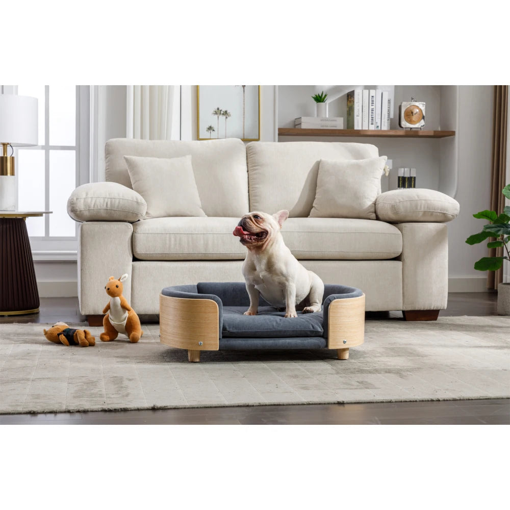 Scandinavian Style Elevated Dog Bed Pet Sofa with Solid Wood Legs, Bent Wood Back, Velvet Cushion, Mid-Size, Dark Grey