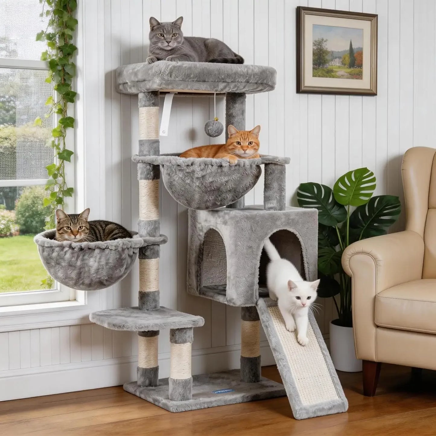 Cat Tree for Indoor Cats, Large Padded Bed, Hammocks, Sisal Scratching Posts, Light Gray