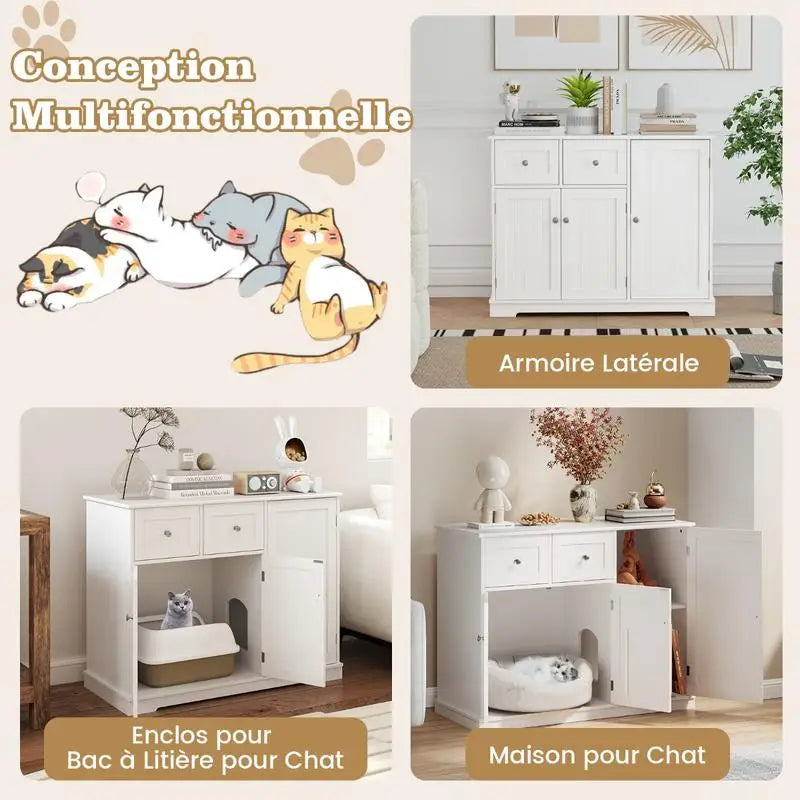 Cat Litter Box Enclosure with 2 Drawers and 3 Doors for Kittens and Adult Cats-White