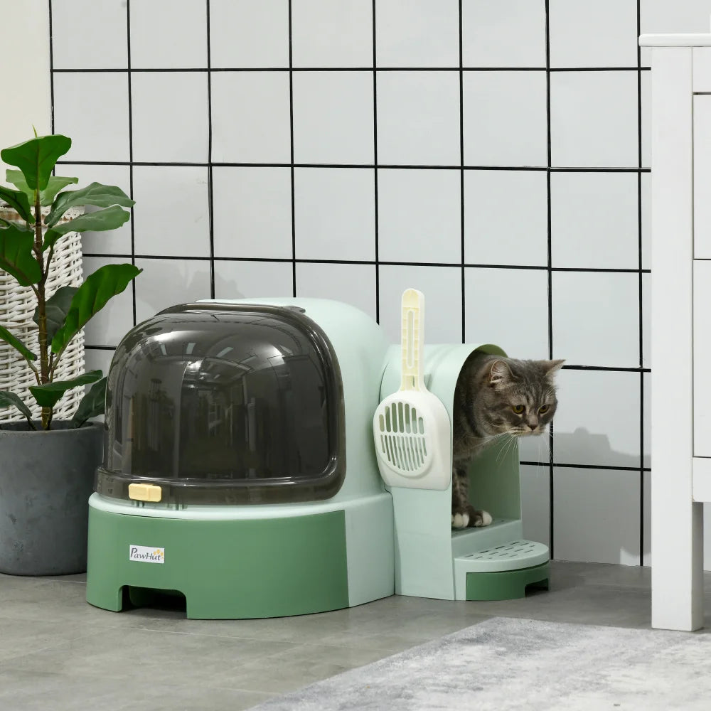 PawHut Cat Litter Box with Lid, Covered, Easy to Clean & Open, Including Openable Front Cover, Litter Scoop, Green