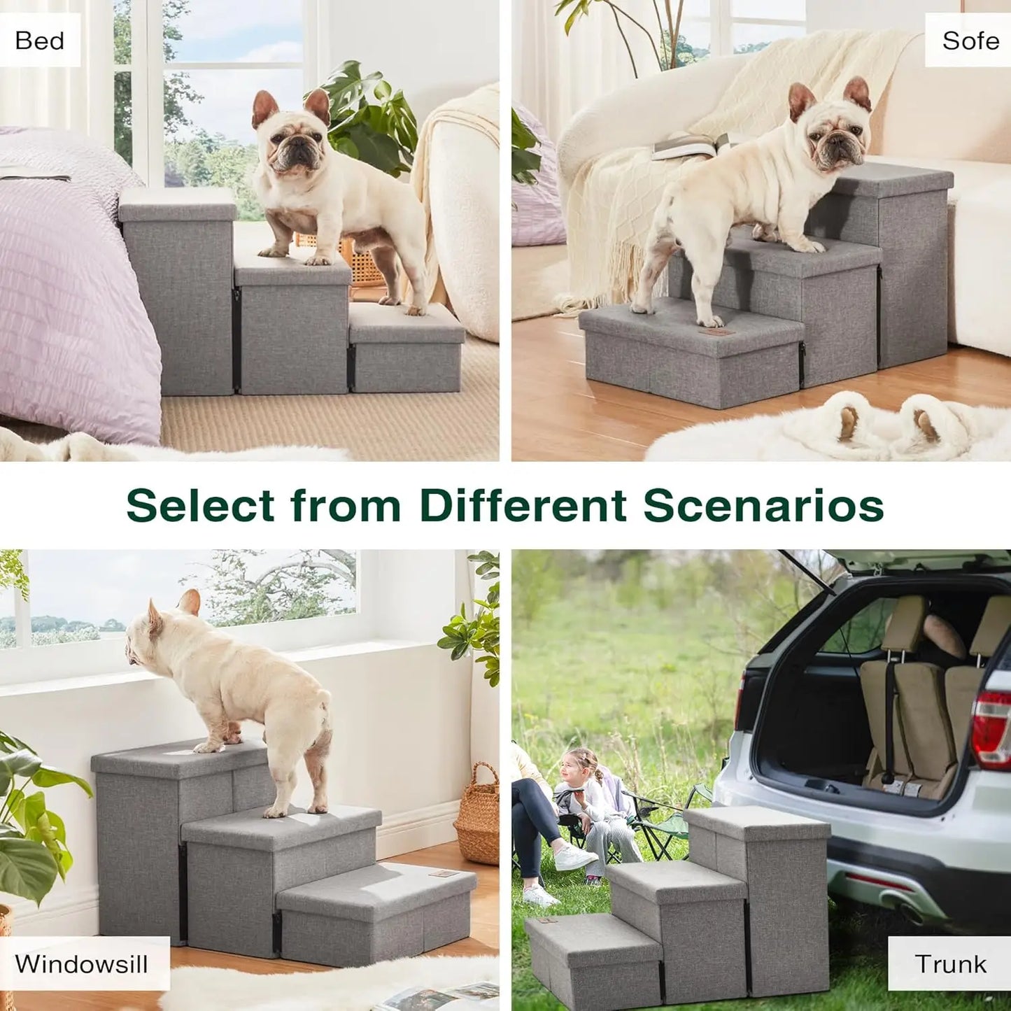 Foldable Dog Stairs for High Bed 18" H, 3-Step Pet Ramp with Storage, Supports up to 200 lbs, Solid Grey