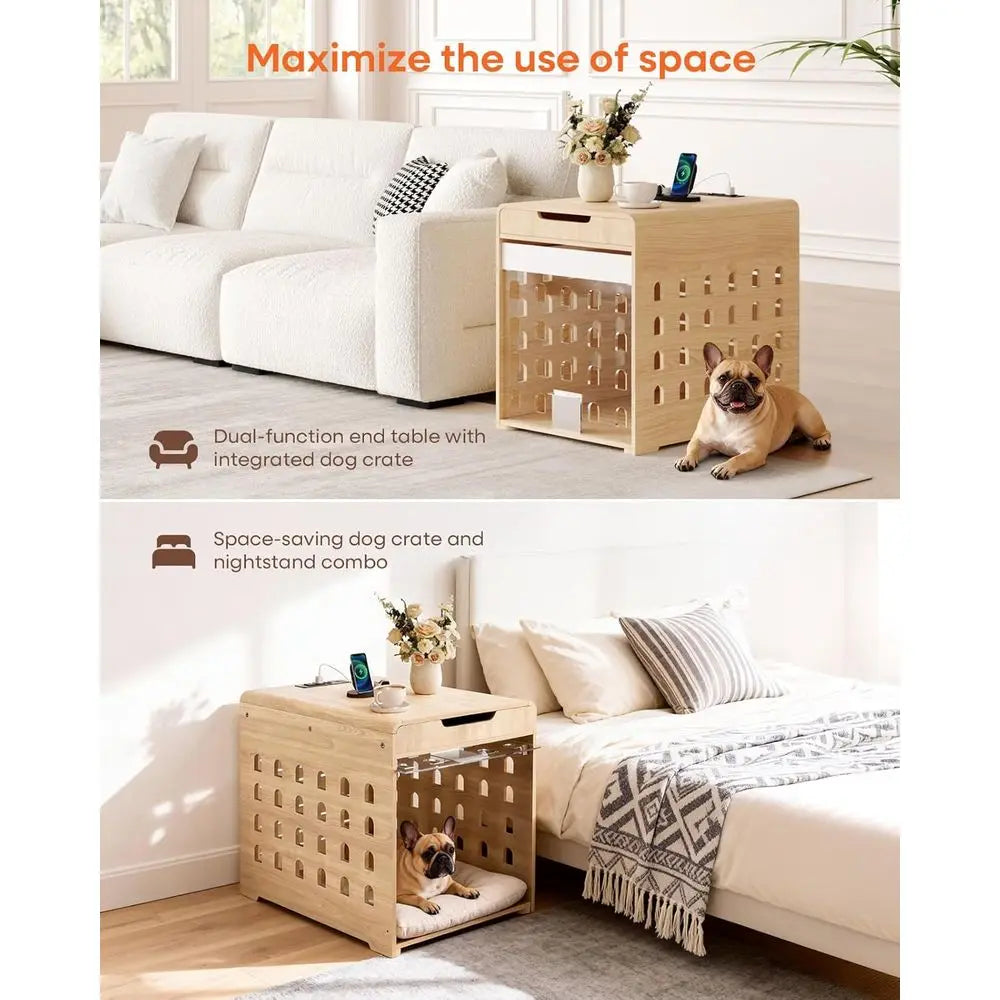 Medium Dog Crate Furniture with Charging Station, Indoor Oak Wood Kennel for Small to Medium Breeds up to 50lb