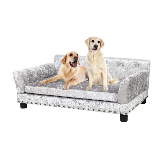 Deluxe Silver Dutch Velvet Dog Couch Bed Sofa with Removable Cushion for Medium to Large Dogs Comfortable Upholstered Pet Sofa