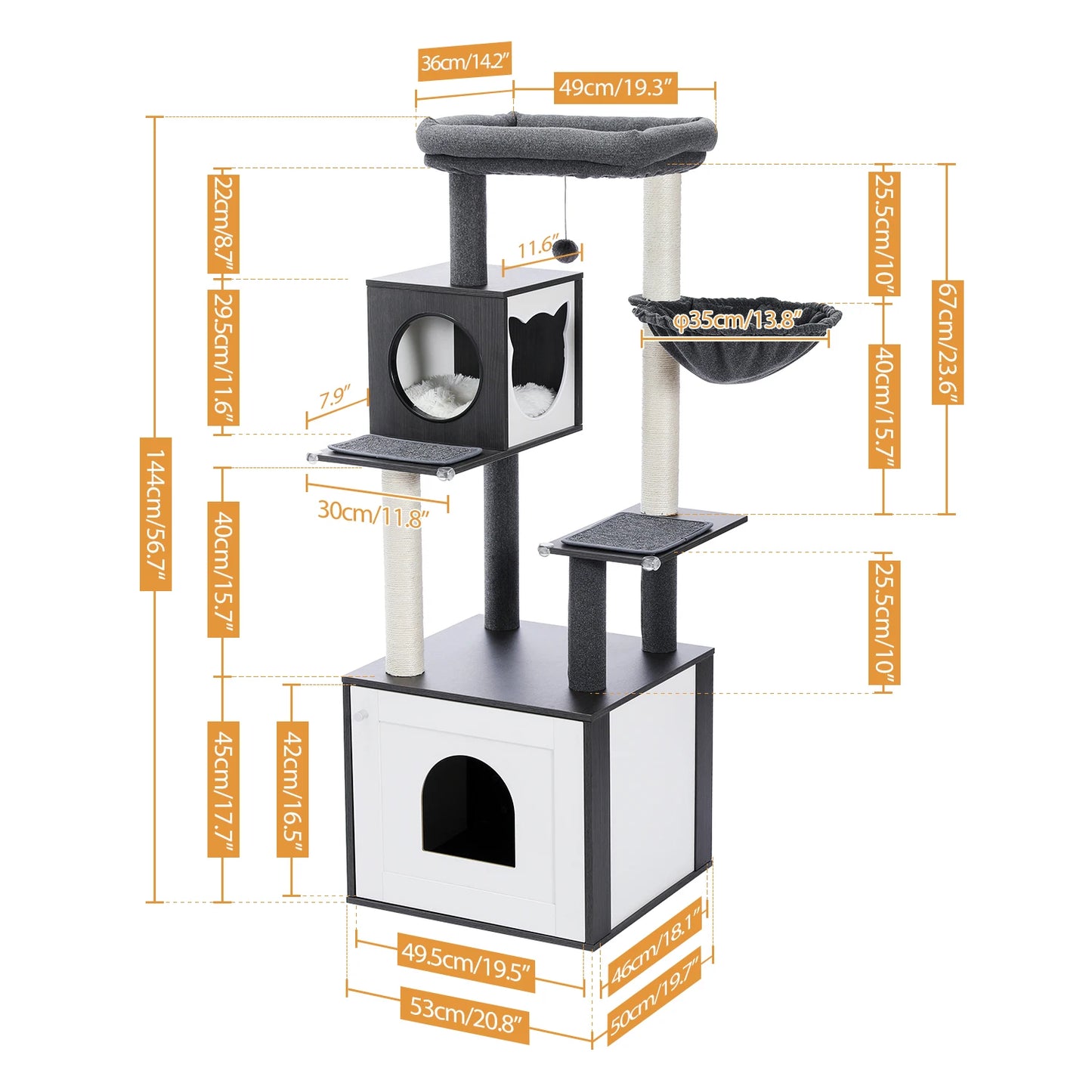 Multi-Level Wood Cat Tree with Condo, Hammock & Perch