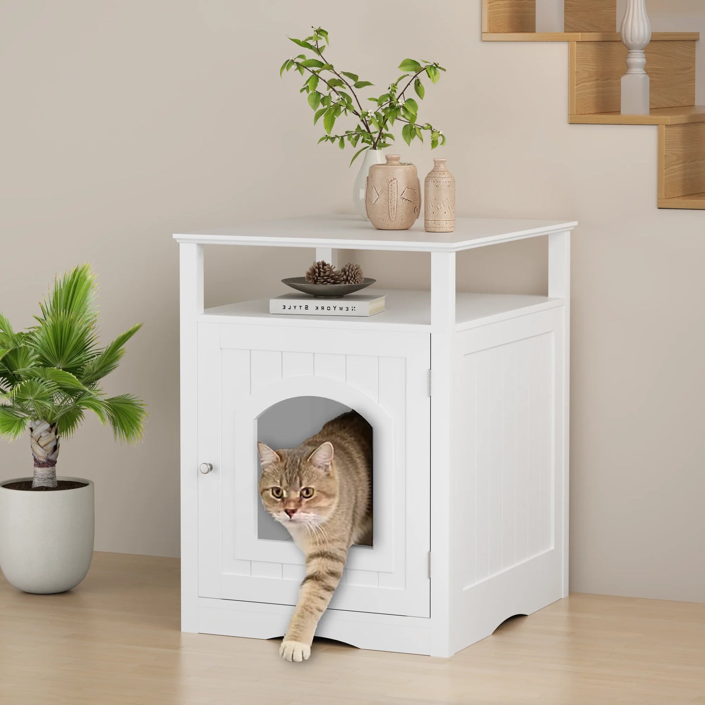 Hidden Cat Litter Box Enclosure Wooden Indoor Cat House Furniture Cabinet with Storage Shelf Modern Nightstand Side Table White