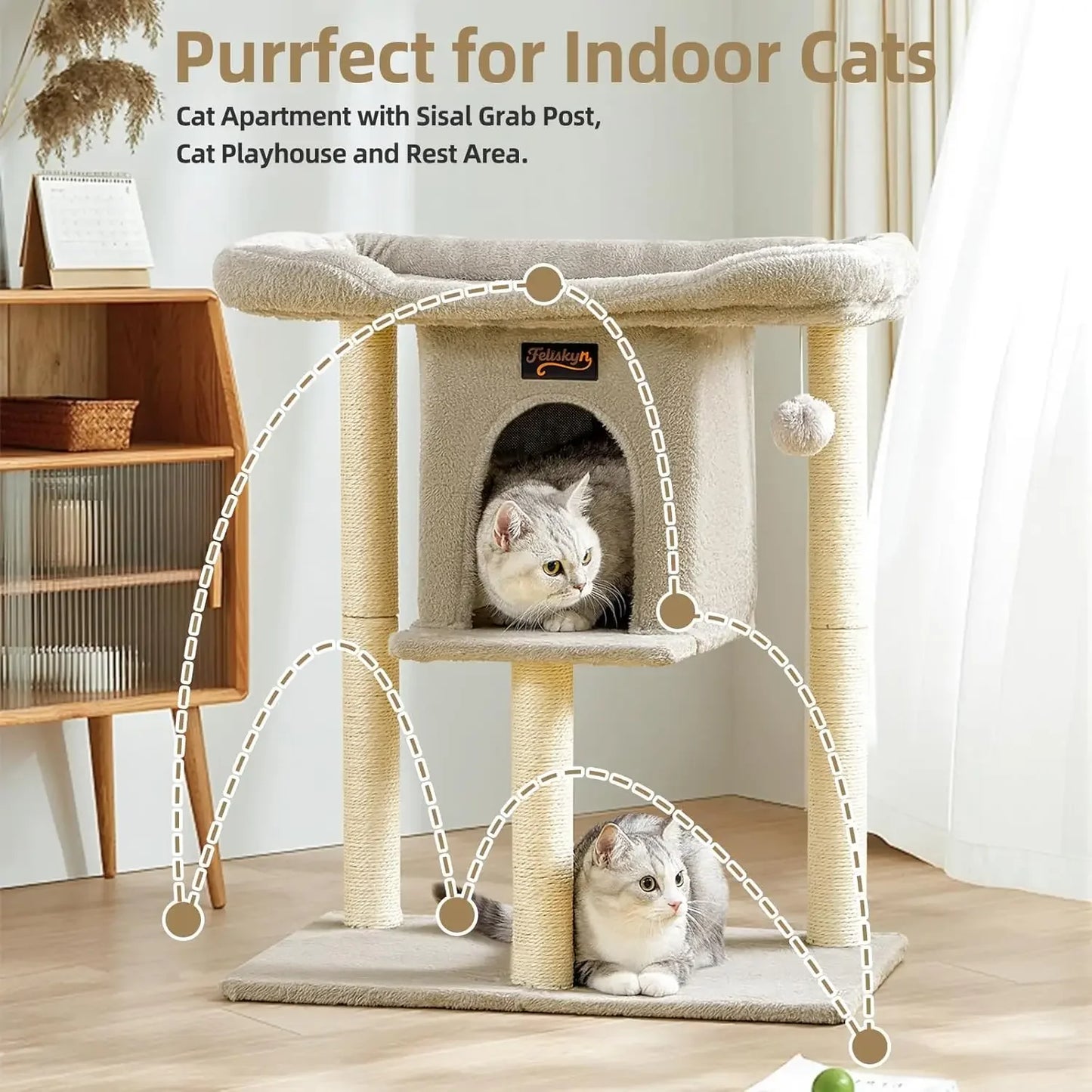 Cat Tree Tower Scratching Post for Indoor Large Cats, 28in with Perch Bed, Condo Cave, Toy Balls, Modern Climbing Furniture (Light Gray)