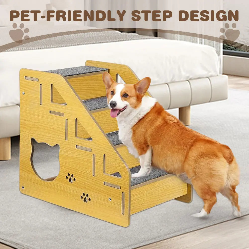 4-Step Wooden Pet Stairs Nonslip Carpeted Cat and Dog Steps Wooden Pet Ladder Pet Furniture for Dogs and Cats for Bed