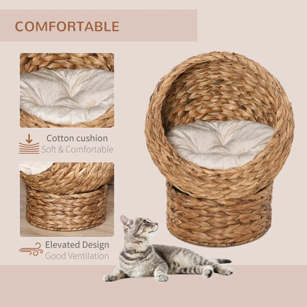 PawHut Handwoven Elevated Cat Bed with Soft Cushion, Egg Chair Shape, Basket Bed with Stand, 23.5" H, Brown for Indoor Cats