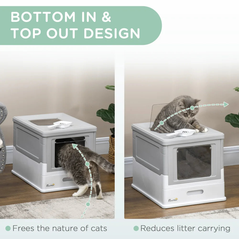 PawHut Fully Enclosed Cat Litter Box with Scoop, Hooded House with Drawer Tray, Foldable Smell - Proof Potty, Front Entry & Top Exit, Portable Large - Space Pet Toilet, Gray