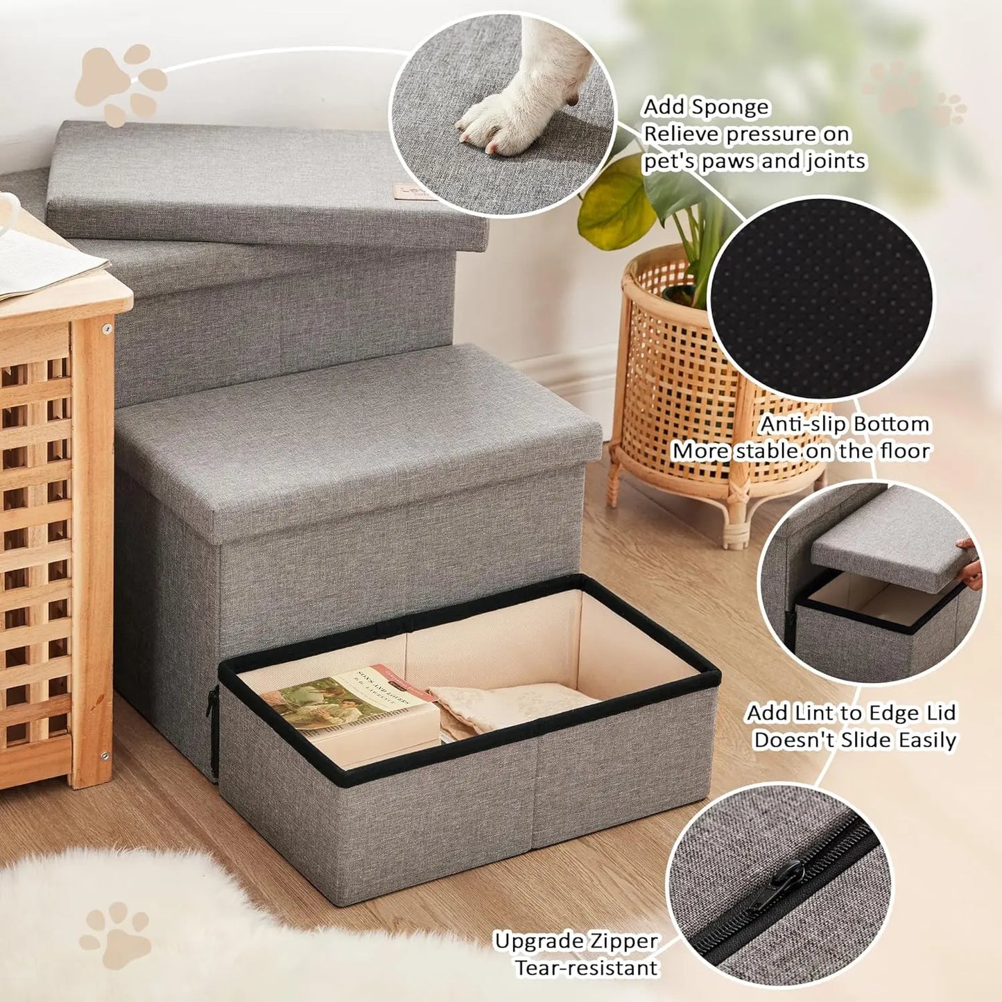Foldable Dog Stairs for High Bed 18" H, 3-Step Pet Ramp with Storage, Supports up to 200 lbs, Solid Grey