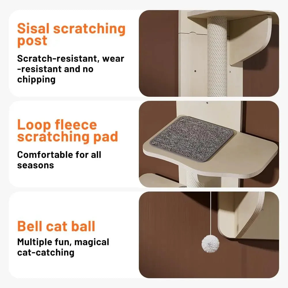 Wall-Mounted Cat Shelves Set - 4 Steps, Solid Wood, Hammock & Perch