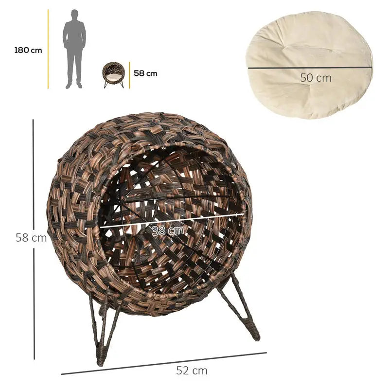 Rattan Cat House with Cushion Cat Sleeping Place Cat Cave with Raised Feet Brown Ø52 X 58 cm