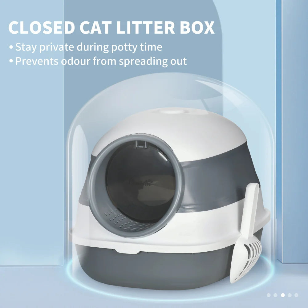 PawHut Cat Litter Box with Lid, High Sides, Air Freshener, Large Two-Way Entrance, Foldable, Easy Clean, White & Gray