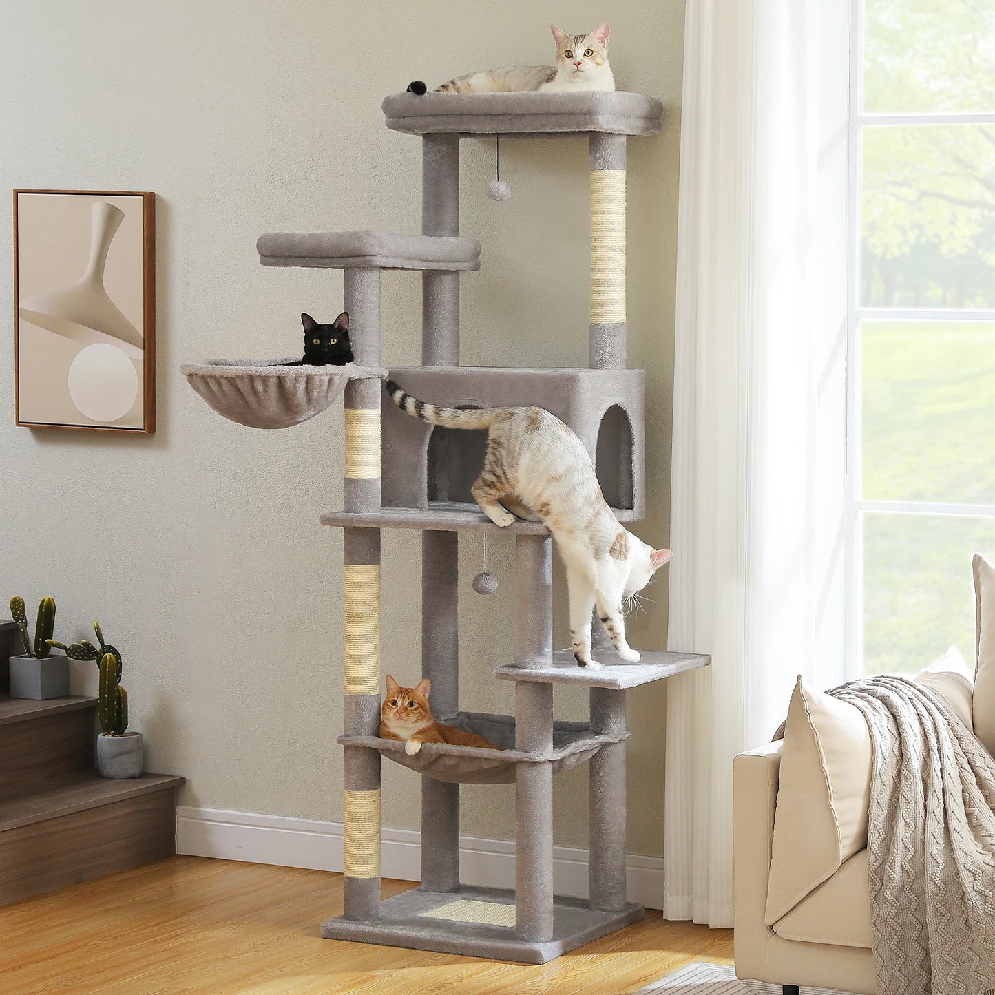 Large Cat Tree for Indoor Cats with Scratching Posts & Hammock - front view