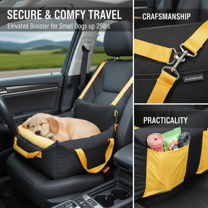 Dog car seat, dog booster seat with side handles and storage bag, attachable safety leash and PP cotton filling, dog car bed for small dogs up to 25 lbs, black