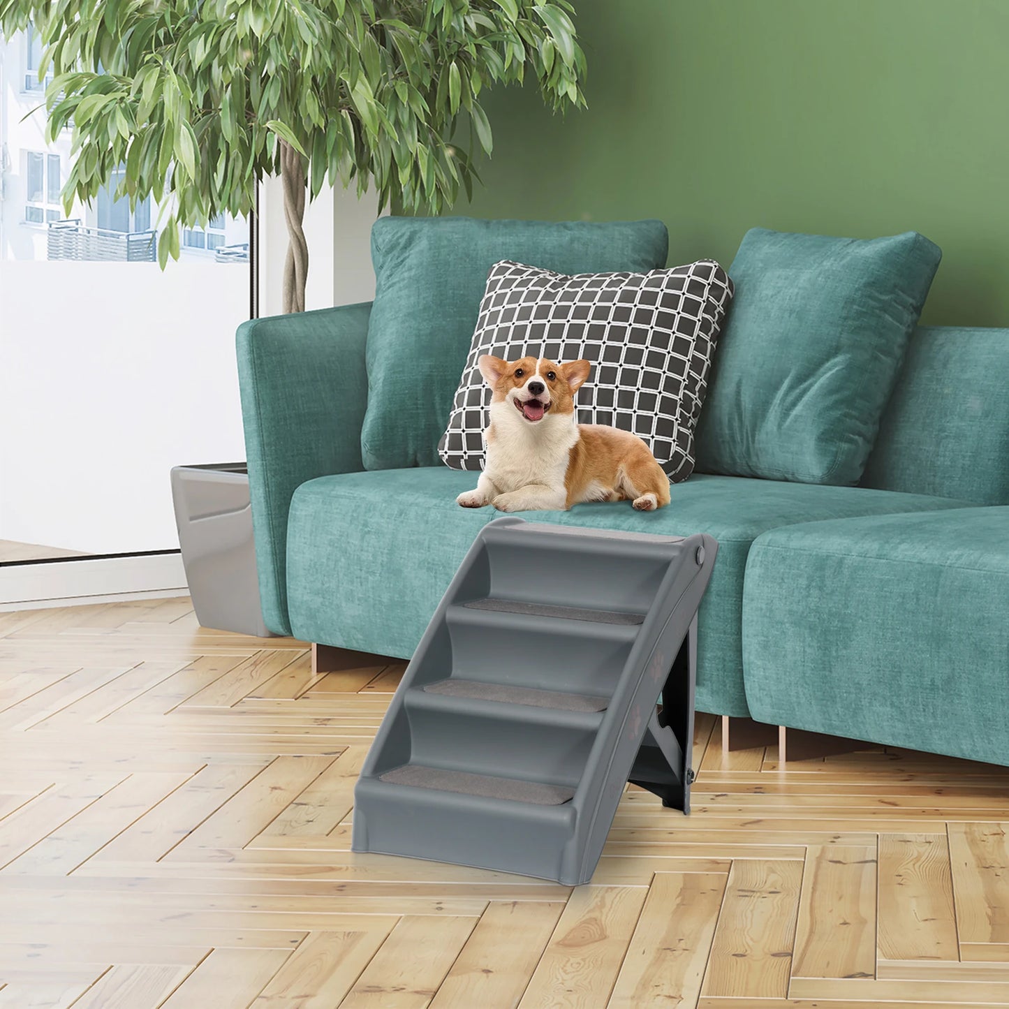 Dog Stairs Foldable Pet Steps Ramp Ladder Anti-Slip w/4 Step for High Bed Sofa
