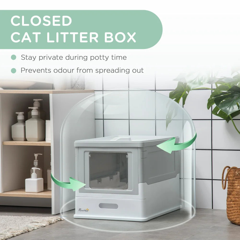 PawHut Fully Enclosed Cat Litter Box with Scoop, Hooded House with Drawer Tray, Foldable Smell - Proof Potty, Front Entry & Top Exit, Portable Large - Space Pet Toilet, Gray