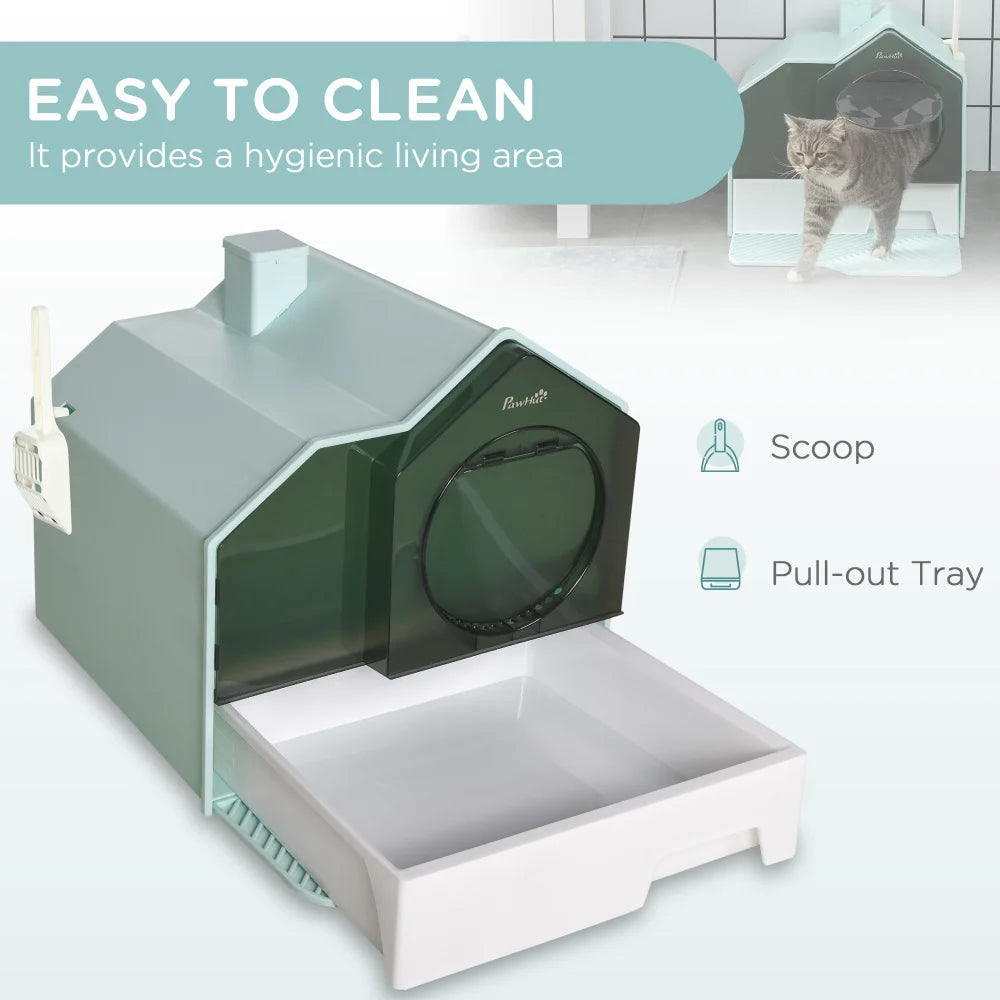 PawHut Hooded Cat Litter Box with Kitty Litter Mat, Odor Control, Easy-Clean Pull-Out Drawer, Handle, Scoop, Light Blue
