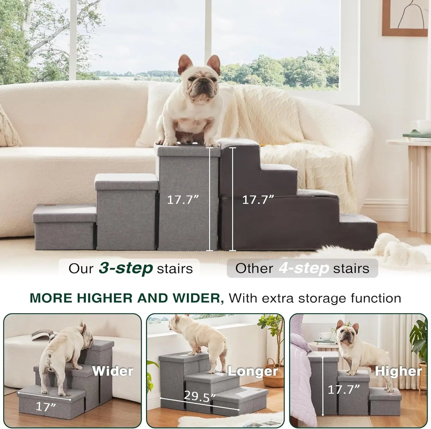Foldable Dog Stairs for High Bed 18" H, 3-Step Pet Ramp with Storage, Supports up to 200 lbs, Solid Grey