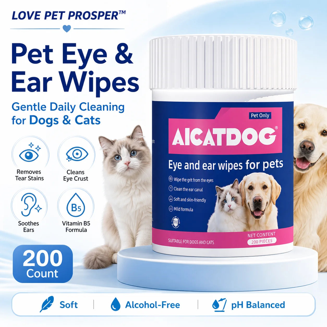 OVE PET PROSPER Pet Eye & Ear Wipes for Dogs and Cats, 200 Count, Alcohol-Free pH Balanced Grooming Wipes with Vitamin B5, Gentle Tear Stain, Eye Crust & Outer Ear Cleaner