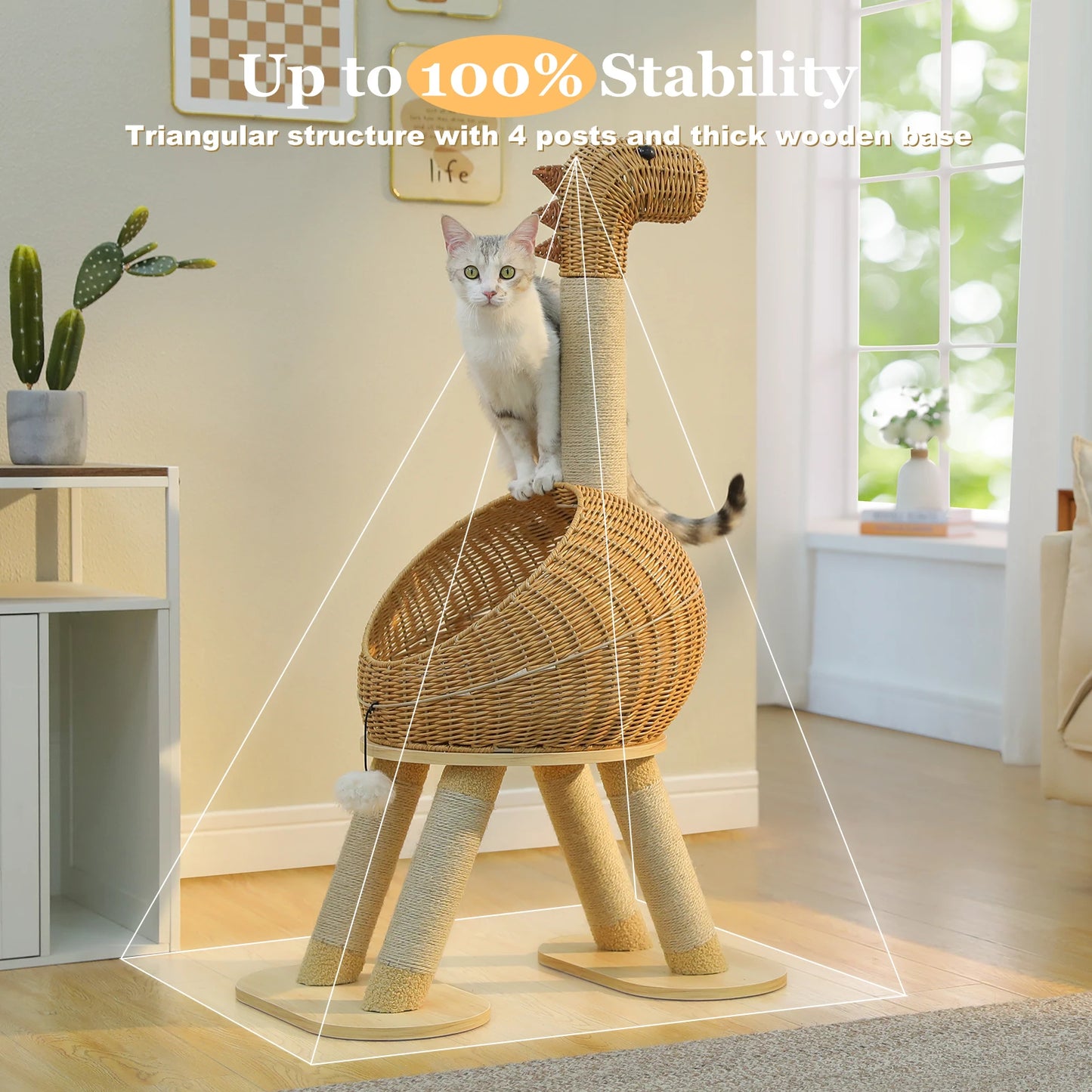 Dinosaur Cat Tree with Sisal Post & Rattan Condo Bed