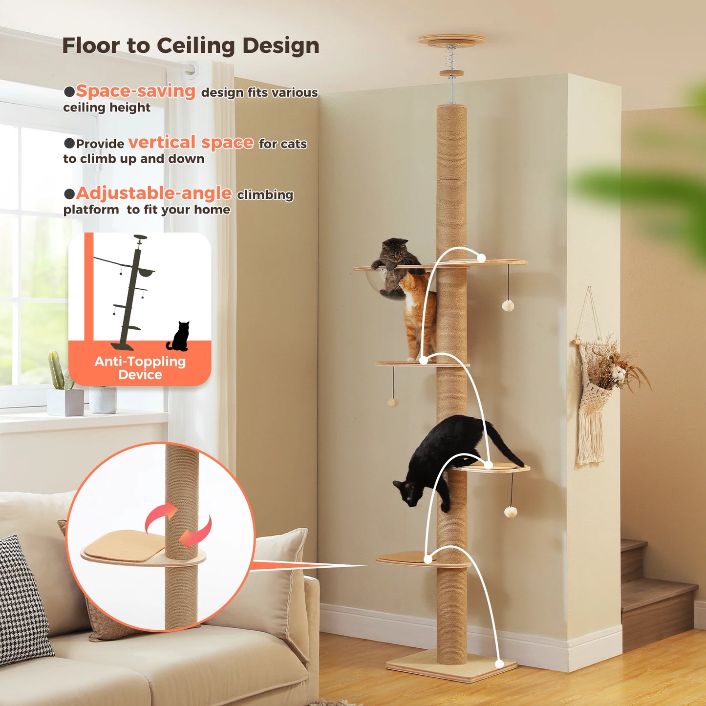 Floor-to-Ceiling Cat Tree with Scratching Posts & Acrylic Cave