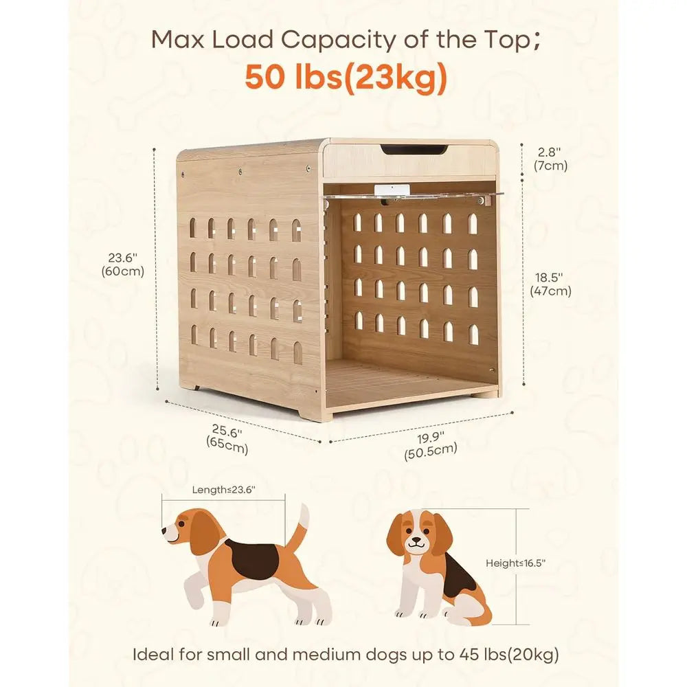 Medium Dog Crate Furniture with Charging Station, Indoor Oak Wood Kennel for Small to Medium Breeds up to 50lb