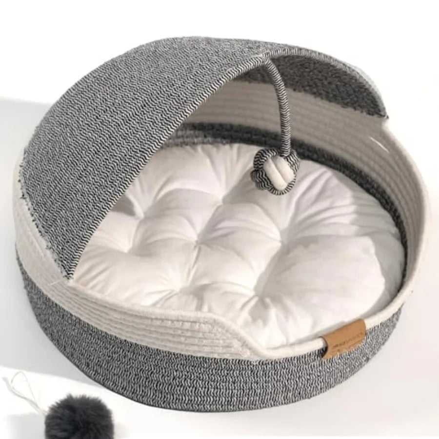 Cat Basket Bed with Washable Cushion and Ball Rope Cotton, Covered Pet Bed for Indoor Cats Cave Bed Hooded, Stimulicat Cat Bed
