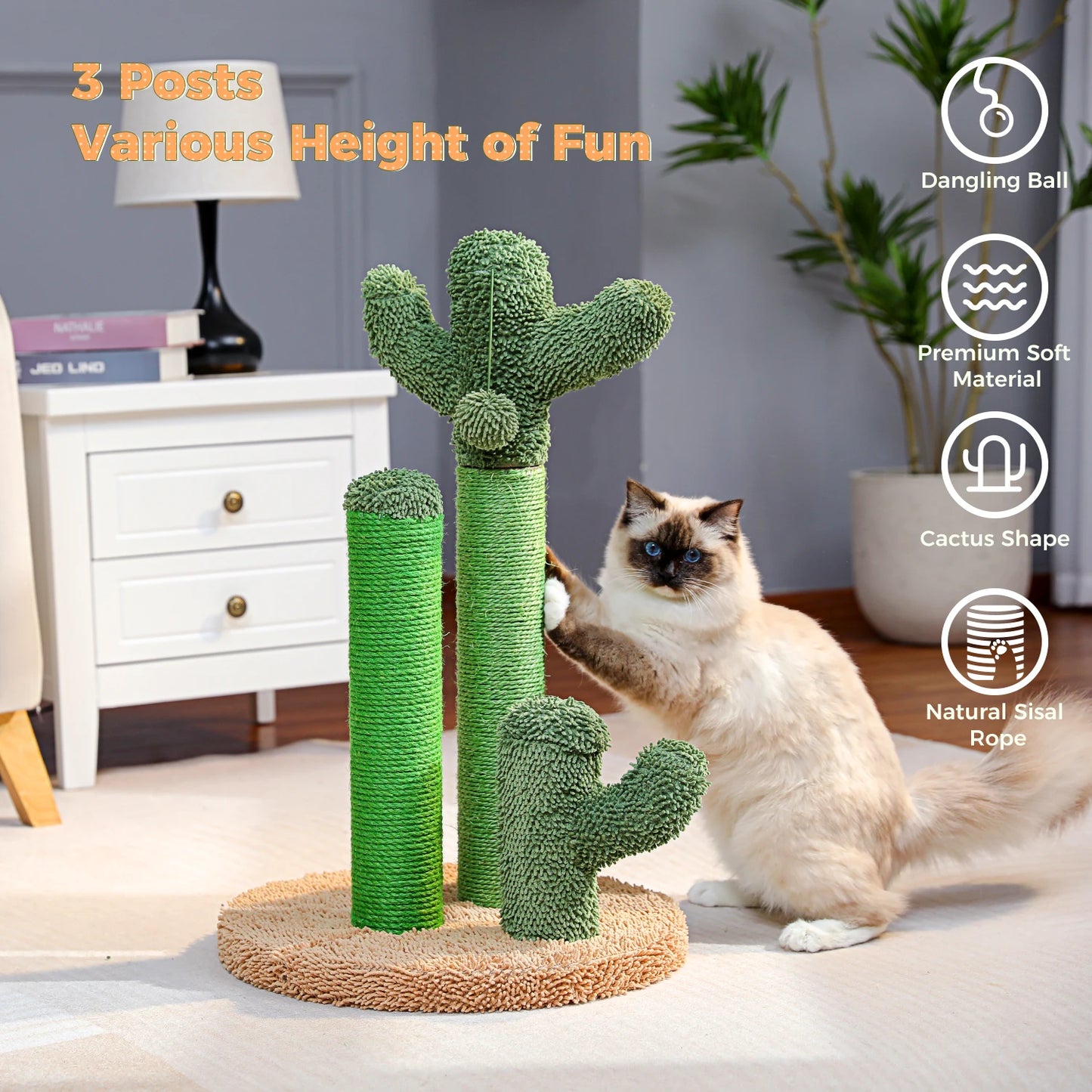Cactus Cat Scratching Post with 3 Poles & Dangling Ball