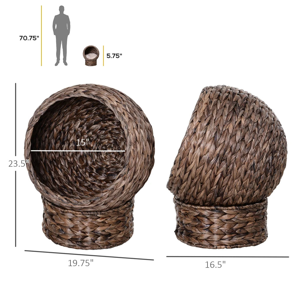 PawHut Handwoven Elevated Cat Bed with Soft Cushion, Egg Chair Shape, Stand, 23.5" H, Grey for Indoor Cats