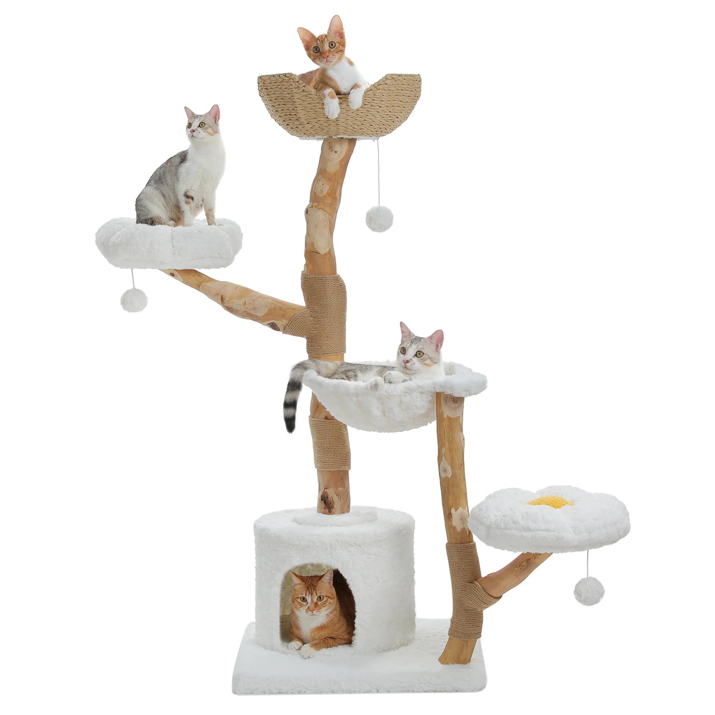 Large Modern Cat Tree Tower with Sisal Posts & Wicker Basket Bed - front view