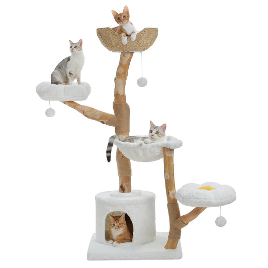 Large Modern Cat Tree Tower with Sisal Posts & Wicker Basket Bed - front view