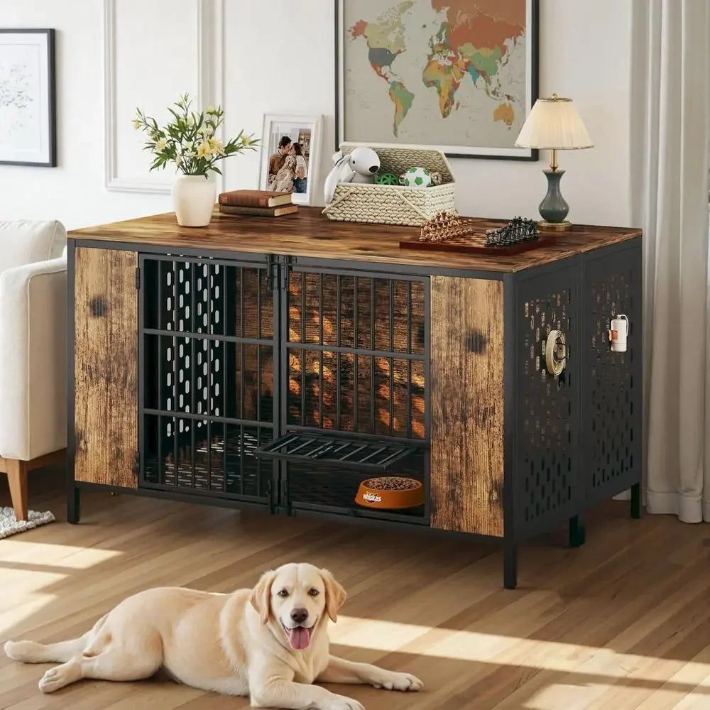 Sturdy Dog Crate for Large Breeds, Rustic Brown, Indoor Use, and Ideal for High Anxiety Dogs