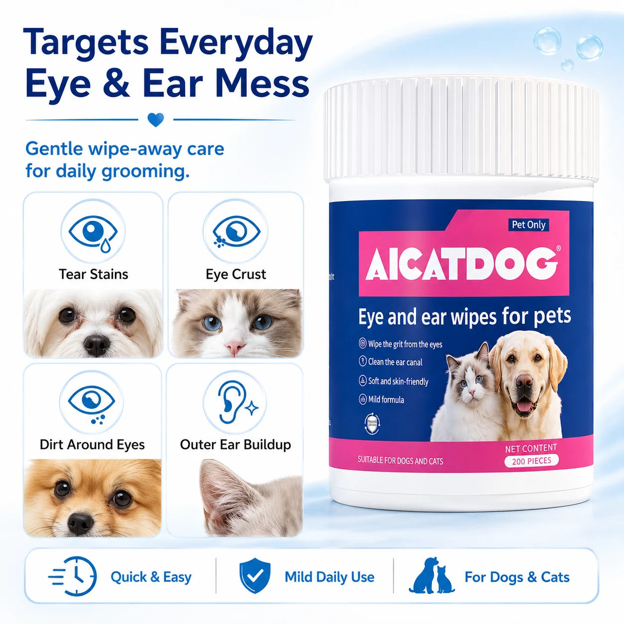 OVE PET PROSPER Pet Eye & Ear Wipes for Dogs and Cats, 200 Count, Alcohol-Free pH Balanced Grooming Wipes with Vitamin B5, Gentle Tear Stain, Eye Crust & Outer Ear Cleaner
