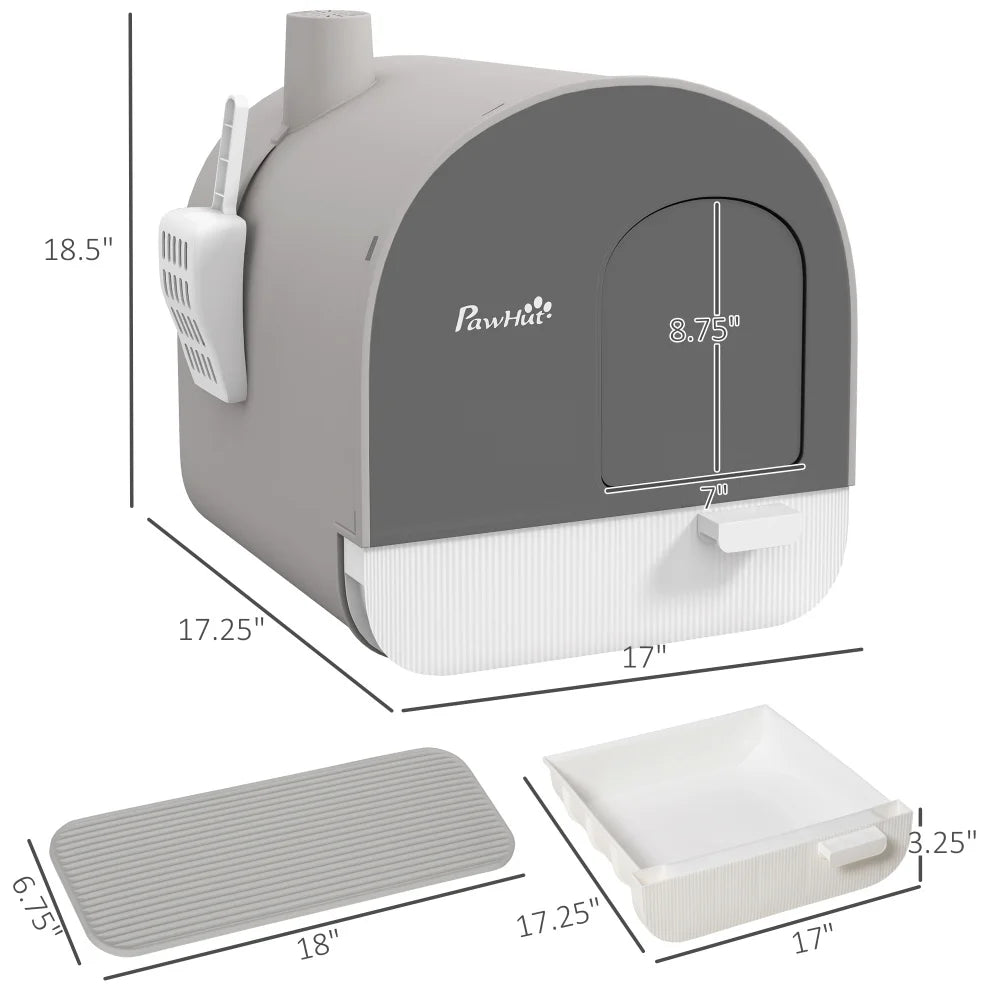 PawHut Cat Litter Box with Lid, Covered for Indoor Cats, Comes with Tray, Scoop, Filter, 17" x 17" x 18.5", Light Gray