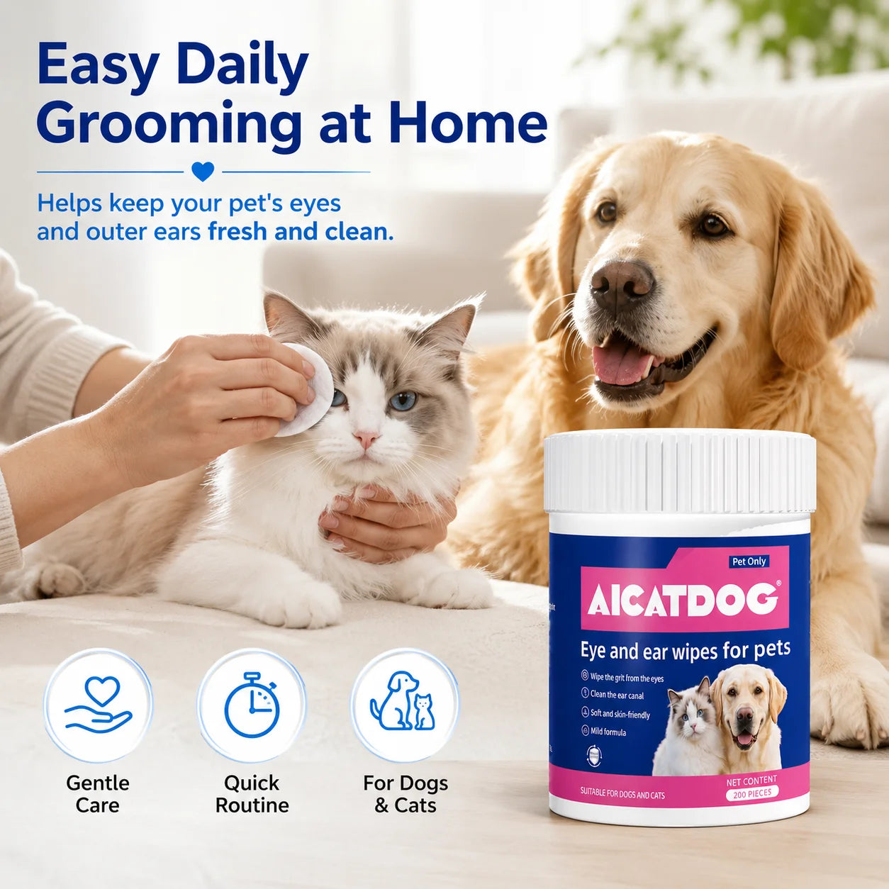 OVE PET PROSPER Pet Eye & Ear Wipes for Dogs and Cats, 200 Count, Alcohol-Free pH Balanced Grooming Wipes with Vitamin B5, Gentle Tear Stain, Eye Crust & Outer Ear Cleaner