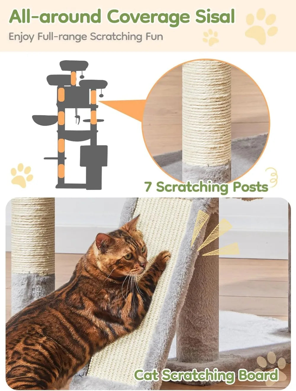 76-Inch XXL Cat Tree for Large Cats, Giant Tower with Scratching Board, Metal Hammock, 3 Perches, 7 Sisal Posts, 2 Condos, Light Gray