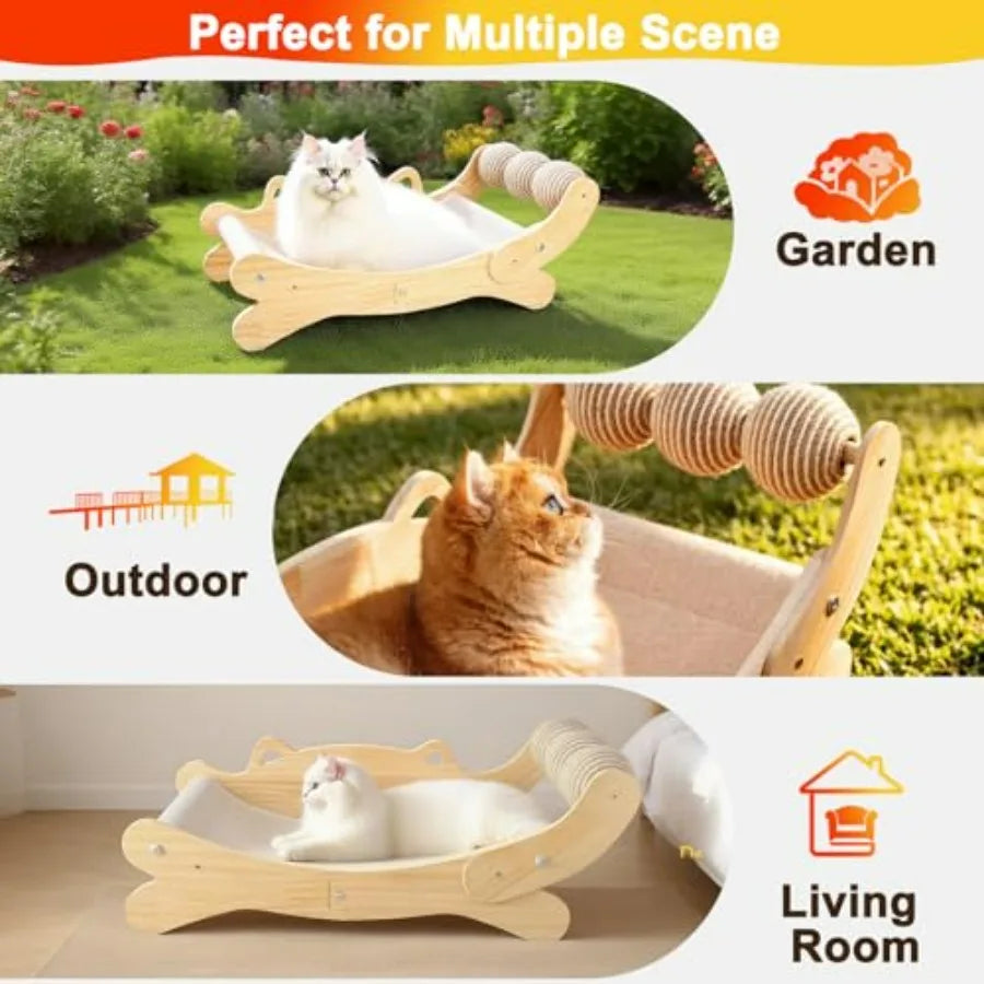 Cat Scratcher Bed, Heavy Duty Sisal Cat Scratching Post with Hammock for Indoor Cats, Natural Wood Cat Lounge for Sleeping and