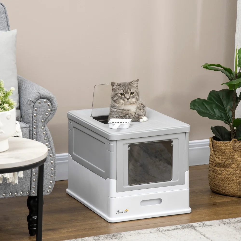 PawHut Fully Enclosed Cat Litter Box with Scoop, Hooded House with Drawer Tray, Foldable Smell - Proof Potty, Front Entry & Top Exit, Portable Large - Space Pet Toilet, Gray