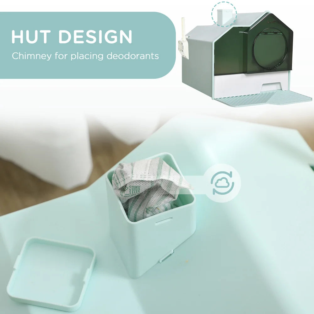 PawHut Hooded Cat Litter Box with Kitty Litter Mat, Odor Control, Easy-Clean Pull-Out Drawer, Handle, Scoop, Light Blue